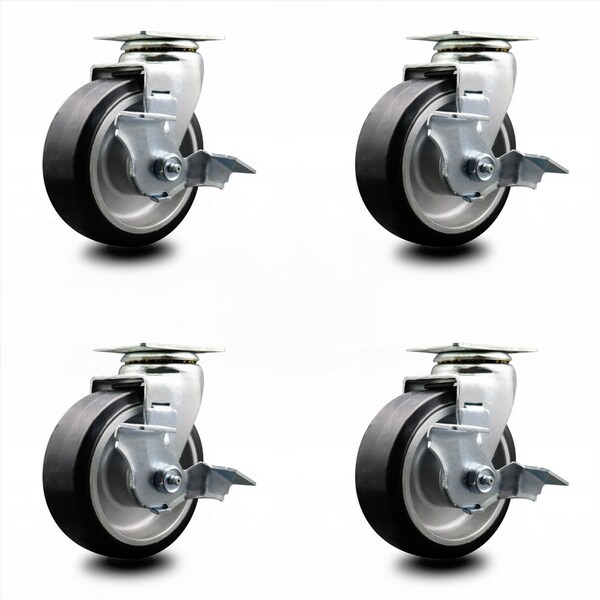 5 Inch Rubber on Aluminum Swivel Caster Set with Ball Bearings and Brakes